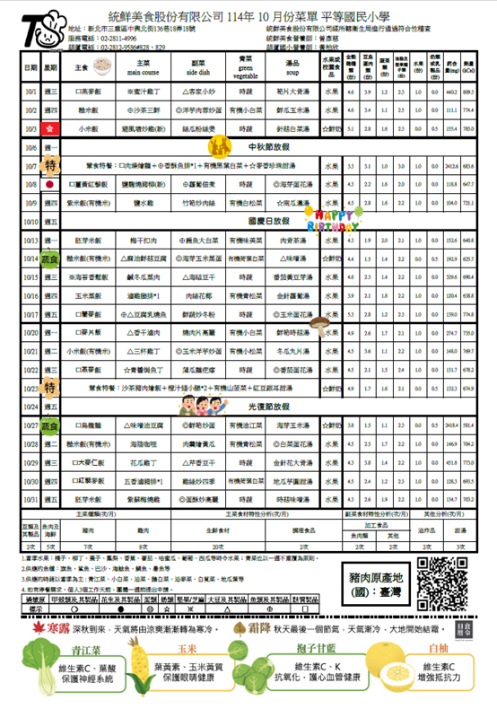 10月份營養午餐菜單